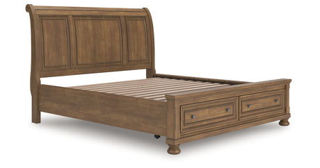 Feddinger California King Storage Sleigh Bed with Mirrored Dresser, Chest and Nightstand in Medium Brown from Ashley Furniture - Luna Furniture