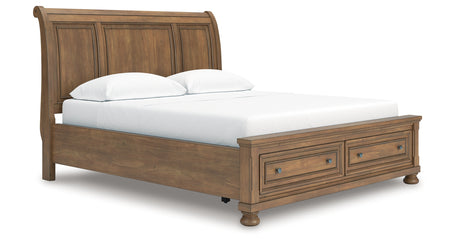 Feddinger California King Storage Sleigh Bed with Mirrored Dresser, Chest and Nightstand in Medium Brown from Ashley Furniture - Luna Furniture