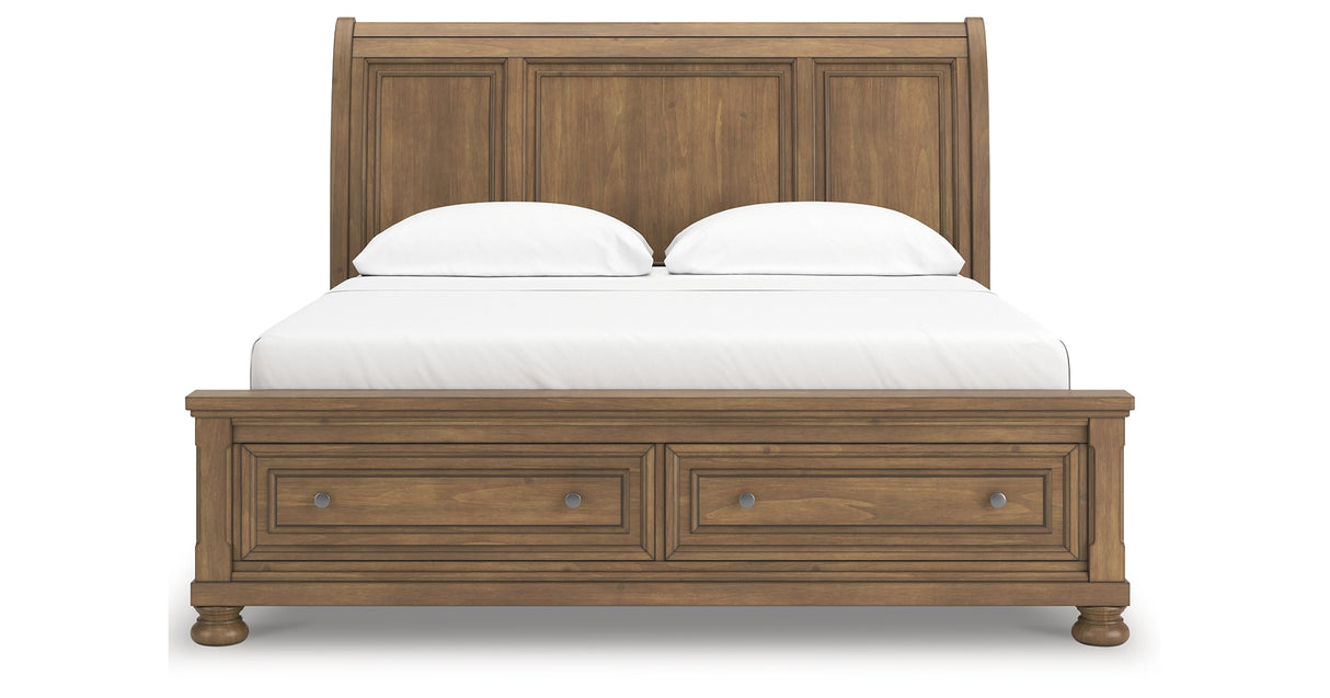 Feddinger California King Storage Sleigh Bed with Mirrored Dresser, Chest and Nightstand in Medium Brown from Ashley Furniture - Luna Furniture