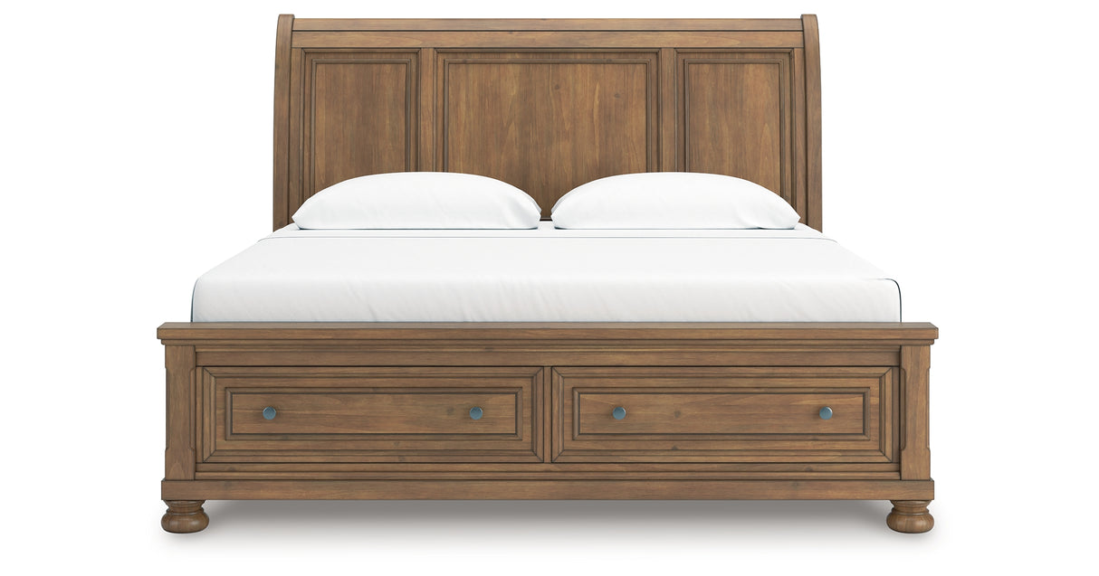 Feddinger King Storage Sleigh Bed with Mirrored Dresser and Nightstand in Medium Brown from Ashley Furniture - Luna Furniture