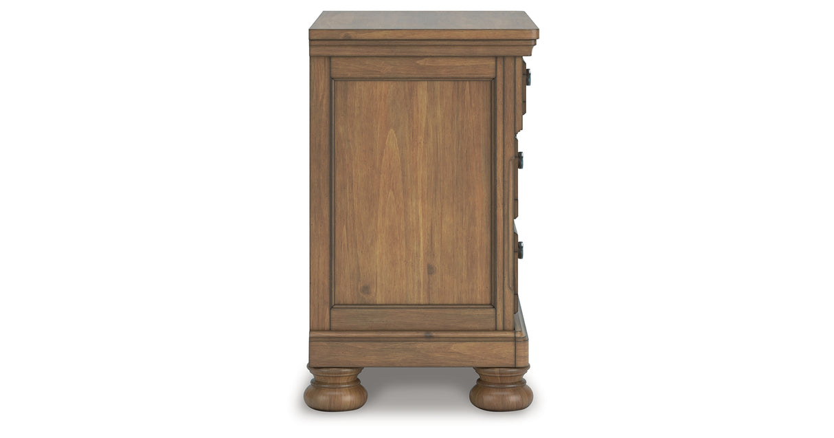 Feddinger King Storage Sleigh Bed with Mirrored Dresser and Nightstand in Medium Brown from Ashley Furniture - Luna Furniture
