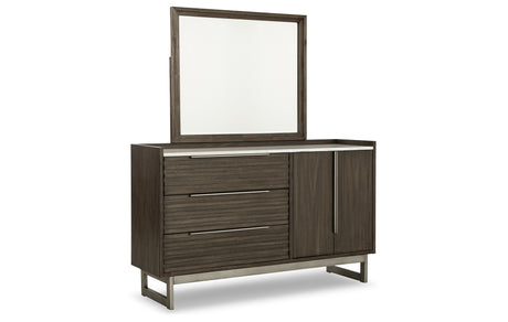 Arkenton California King Panel Bed with Mirrored Dresser in Grayish Brown from Ashley - Luna Furniture