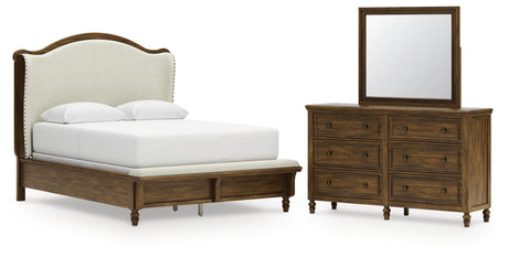 Sturlayne Brown Queen Upholstered Panel Bed, Dresser and Mirror from Ashley - Luna Furniture