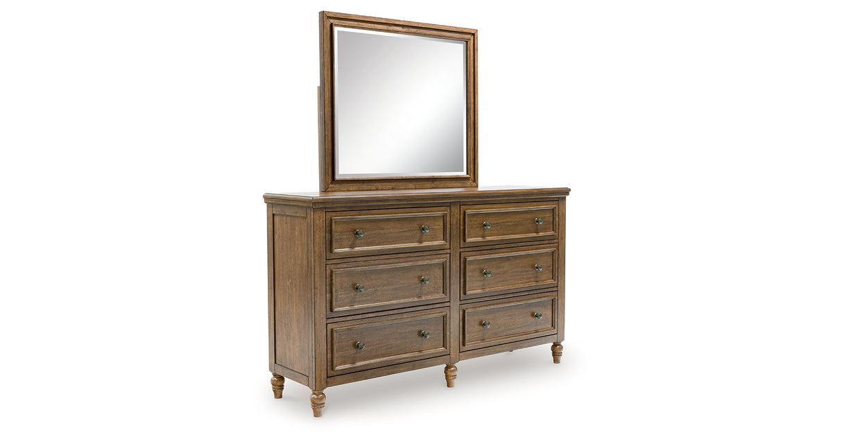 Sturlayne King Upholstered Panel Bed with Mirrored Dresser and 2 Nightstands in Brown from Ashley - Luna Furniture