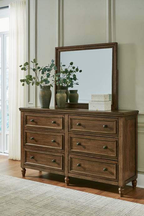 Sturlayne Brown Queen Upholstered Panel Bed, Dresser and Mirror from Ashley Furniture - Luna Furniture