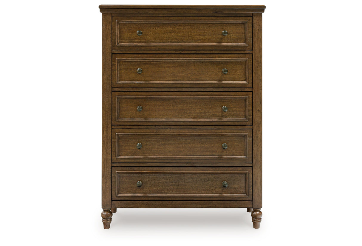 Sturlayne King Upholstered Panel Bed with Mirrored Dresser and Chest in Brown from Ashley - Luna Furniture