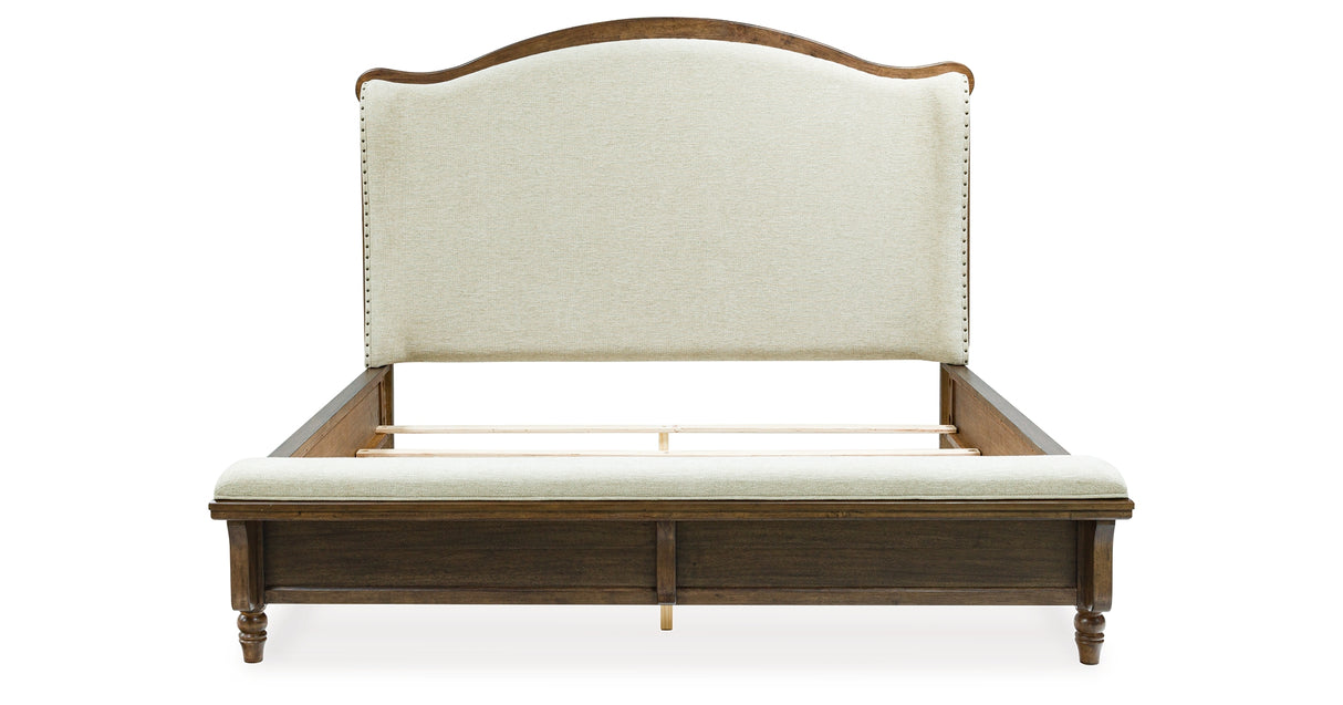 Sturlayne King Upholstered Panel Bed with Mirrored Dresser and 2 Nightstands in Brown from Ashley - Luna Furniture