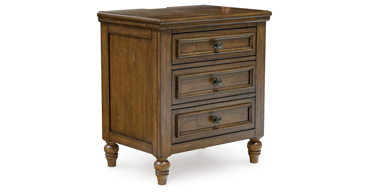 Sturlayne King Upholstered Panel Bed with Mirrored Dresser and 2 Nightstands in Brown from Ashley - Luna Furniture