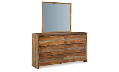 Dressonni California King Panel Bed with Mirrored Dresser in Brown from Ashley - Luna Furniture
