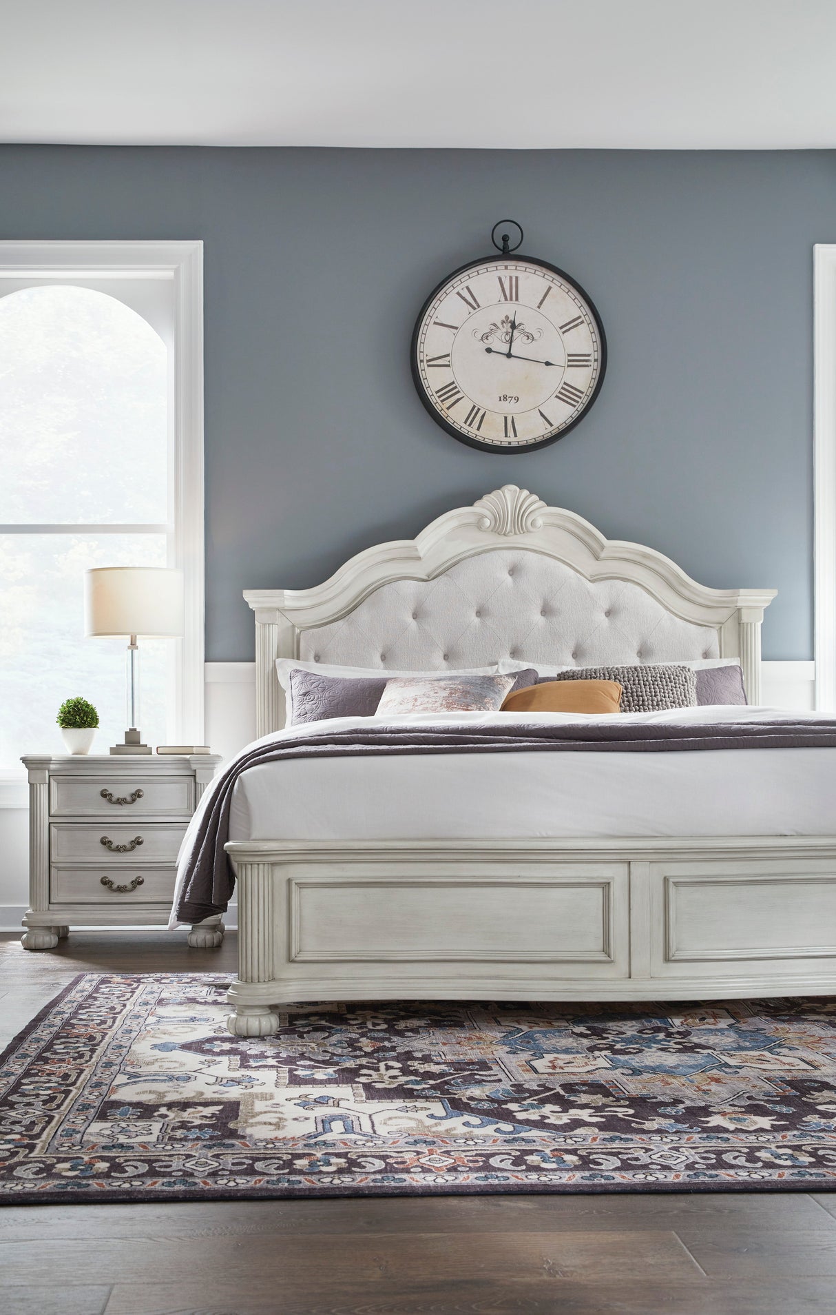 Montelaine Antique White California King Upholstered Panel Bed from Ashley - Luna Furniture