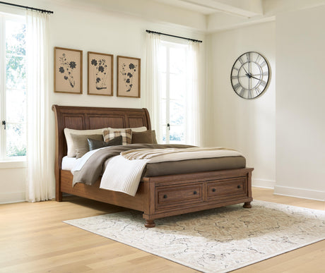 Zackaryn Warm Brown Queen Sleigh Storage Bed from Ashley - Luna Furniture