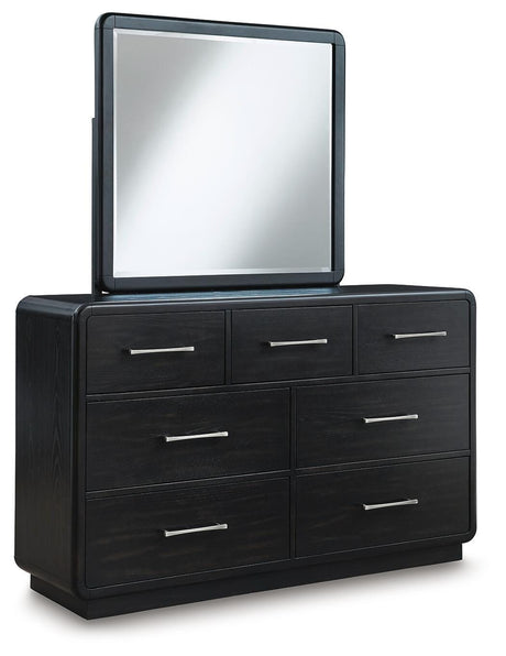 Rowanbeck Gray/Black Queen Upholstered Panel Bed with Mirrored Dresser from Ashley - Luna Furniture