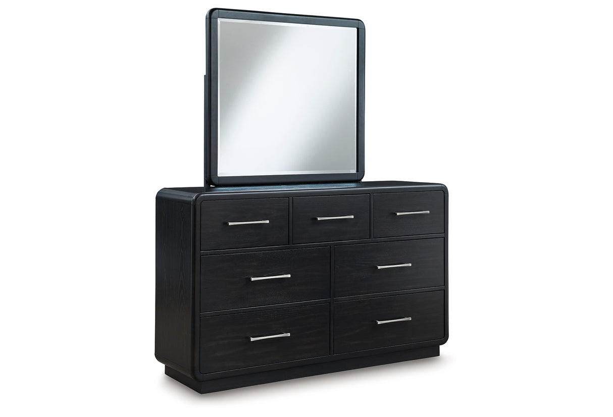 Rowanbeck King Upholstered Panel Bed with Mirrored Dresser, Chest and Nightstand in Gray/Black from Ashley Furniture - Luna Furniture