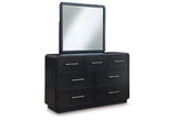 Rowanbeck King Upholstered Panel Bed with Mirrored Dresser, Chest and Nightstand in Gray/Black from Ashley Furniture - Luna Furniture