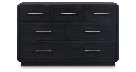 Rowanbeck California King Upholstered Panel Bed with Dresser and 2 Nightstands in Gray/Black from Ashley - Luna Furniture