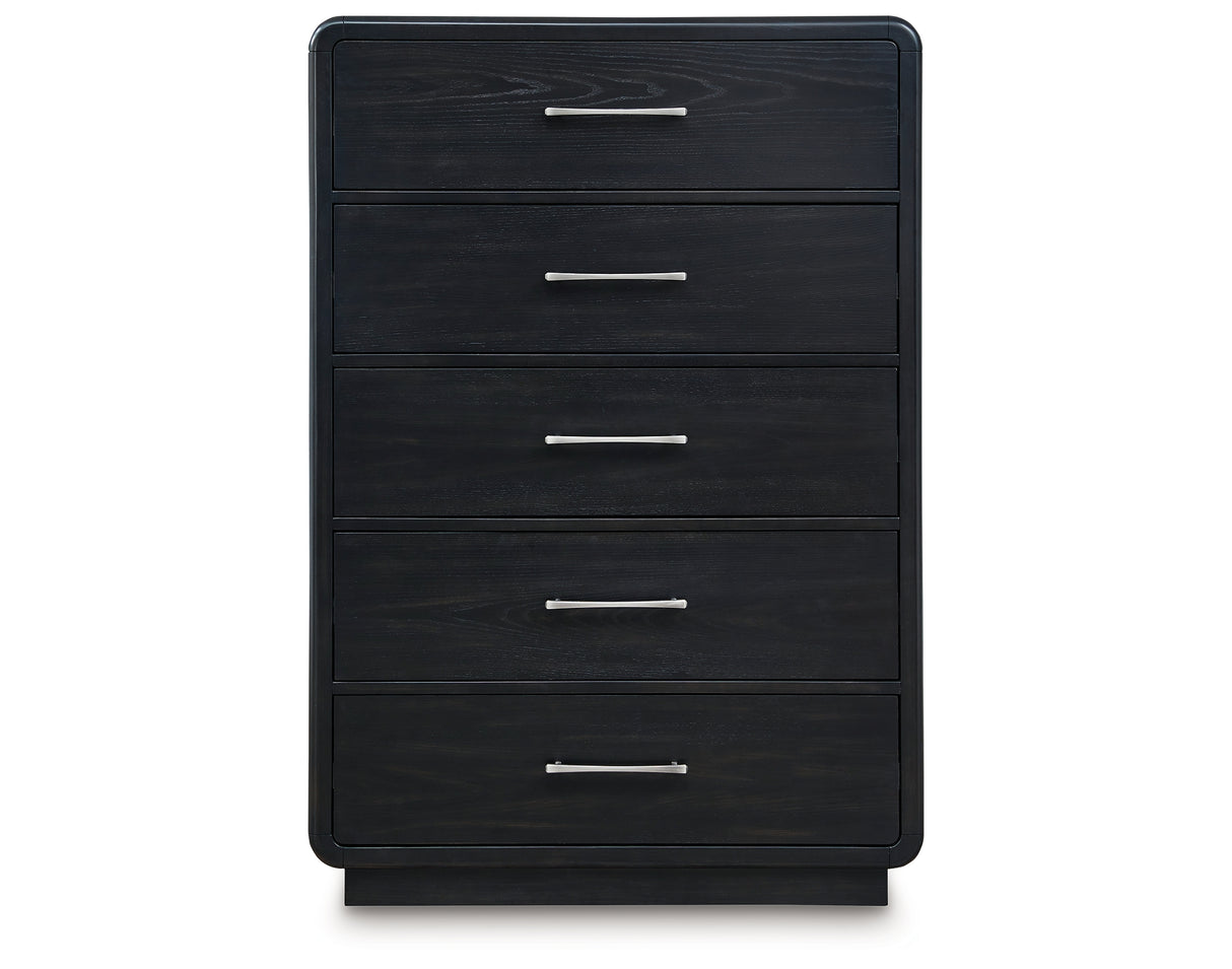 Rowanbeck King Upholstered Panel Bed with Mirrored Dresser, Chest and Nightstand in Gray/Black from Ashley Furniture - Luna Furniture