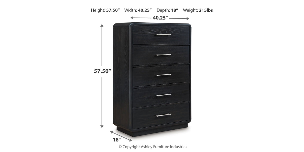 Rowanbeck Queen Upholstered Panel Bed with Mirrored Dresser, Chest and 2 Nightstands in Gray/Black from Ashley Furniture - Luna Furniture