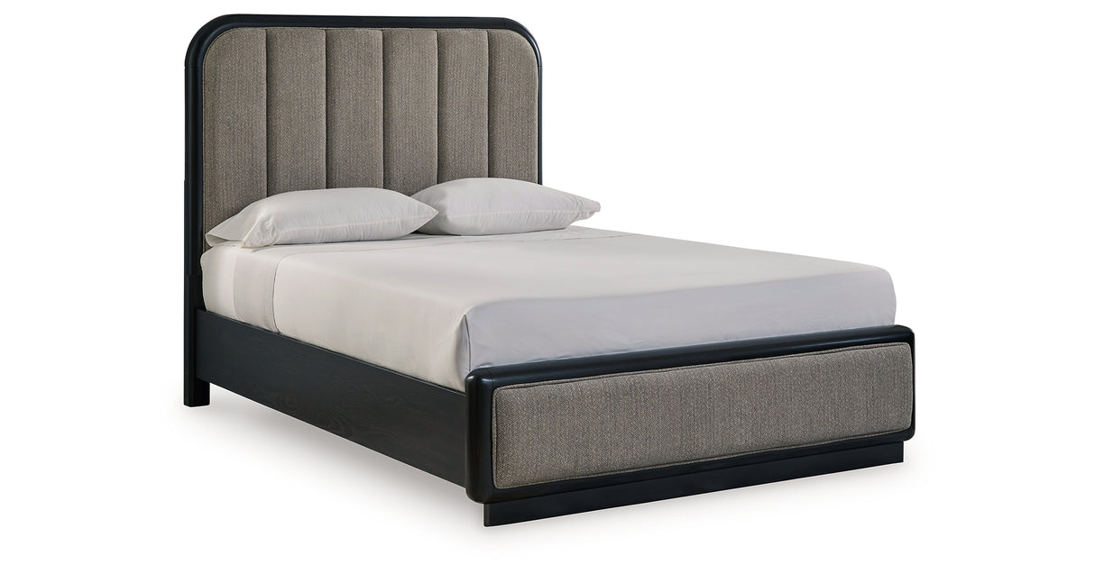 Rowanbeck Gray/Black Queen Upholstered Panel Bed from Ashley - Luna Furniture