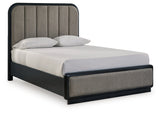 Rowanbeck Gray/Black Queen Upholstered Panel Bed with Mirrored Dresser from Ashley Furniture - Luna Furniture