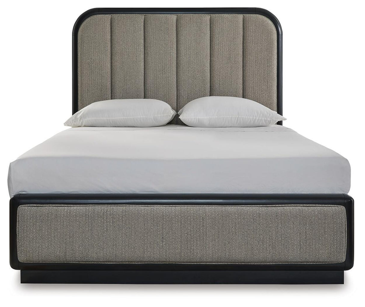 Rowanbeck Gray/Black Queen Upholstered Panel Bed with Mirrored Dresser from Ashley Furniture - Luna Furniture