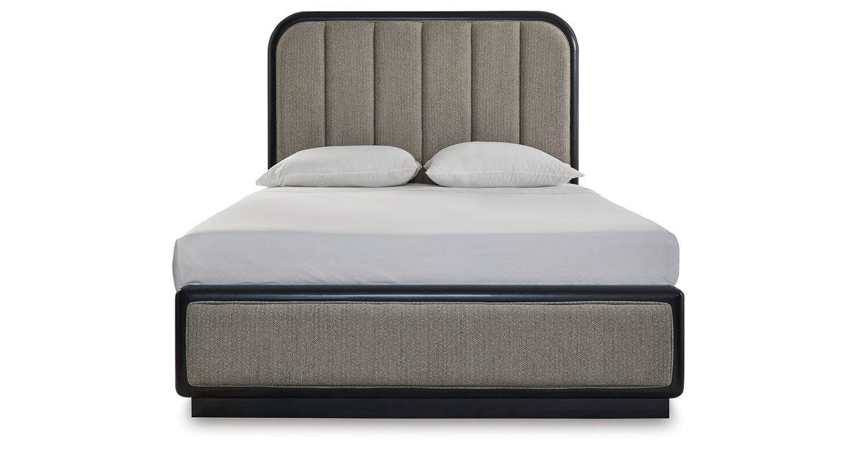 Rowanbeck Gray/Black Queen Upholstered Panel Bed from Ashley - Luna Furniture