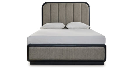 Rowanbeck Gray/Black Queen Upholstered Panel Bed with 2 Nightstands from Ashley - Luna Furniture