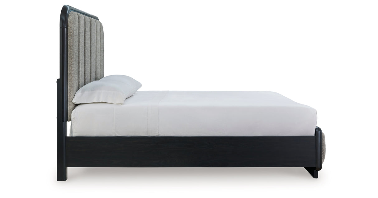 Rowanbeck Queen Upholstered Panel Bed with Dresser in Gray/Black from Ashley Furniture - Luna Furniture