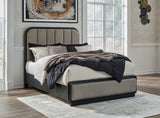 Rowanbeck Gray/Black Queen Upholstered Panel Bed with Mirrored Dresser from Ashley Furniture - Luna Furniture