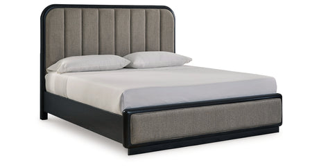 Rowanbeck King Upholstered Panel Bed with Mirrored Dresser and Nightstand in Gray/Black from Ashley - Luna Furniture