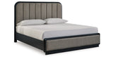 Rowanbeck King Upholstered Panel Bed with Mirrored Dresser, Chest and Nightstand in Gray/Black from Ashley Furniture - Luna Furniture