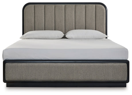 Rowanbeck King Upholstered Panel Bed with Mirrored Dresser from Ashley - Luna Furniture