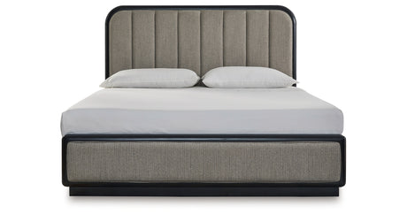 Rowanbeck King Upholstered Panel Bed with Dresser and 2 Nightstands in Gray/Black from Ashley - Luna Furniture