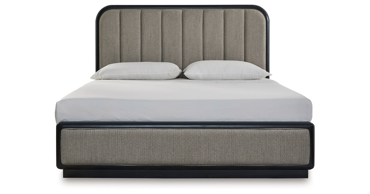 Rowanbeck Gray/Black King Upholstered Panel Bed from Ashley - Luna Furniture
