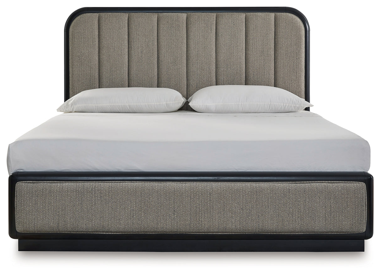Rowanbeck Gray/Black California King Upholstered Panel Bed with Mirrored Dresser from Ashley Furniture - Luna Furniture