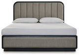 Rowanbeck Gray/Black California King Upholstered Panel Bed with Mirrored Dresser from Ashley Furniture - Luna Furniture