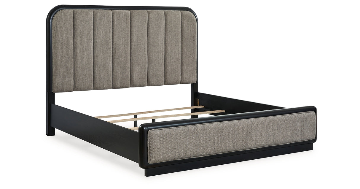 Rowanbeck King Upholstered Panel Bed with Mirrored Dresser, Chest and Nightstand in Gray/Black from Ashley Furniture - Luna Furniture