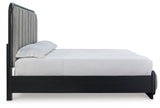 Rowanbeck Gray/Black California King Upholstered Panel Bed with Mirrored Dresser from Ashley Furniture - Luna Furniture
