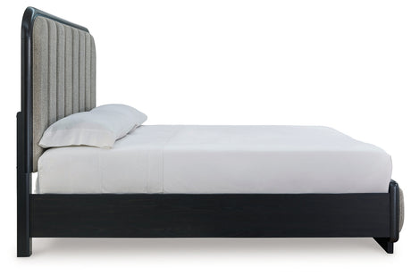 Rowanbeck Gray/Black California King Upholstered Panel Bed with Mirrored Dresser from Ashley - Luna Furniture