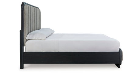 Rowanbeck King Upholstered Panel Bed with Mirrored Dresser and 2 Nightstands in Gray/Black from Ashley - Luna Furniture