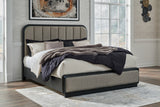 Rowanbeck Gray/Black California King Upholstered Panel Bed with Mirrored Dresser from Ashley Furniture - Luna Furniture