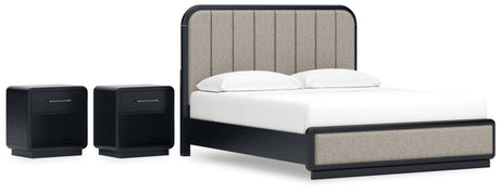 Rowanbeck California King Upholstered Panel Bed with 2 Nightstands in Gray/Black from Ashley - Luna Furniture