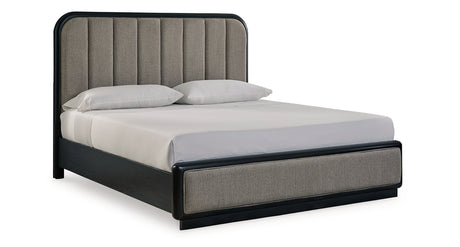 Rowanbeck California King Upholstered Panel Bed with 2 Nightstands in Gray/Black from Ashley - Luna Furniture