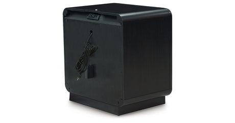 Rowanbeck California King Upholstered Panel Bed with Mirrored Dresser and 2 Nightstands in Gray/Black from Ashley - Luna Furniture