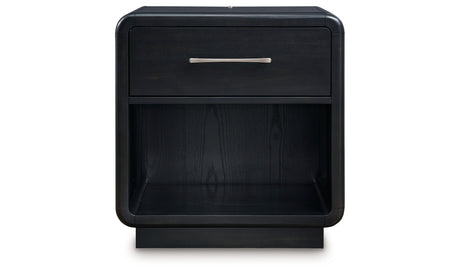Rowanbeck California King Upholstered Panel Bed with 2 Nightstands in Gray/Black from Ashley - Luna Furniture