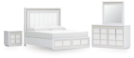 Chalanna White California King Upholstered Storage Bed with Mirrored Dresser from Ashley - Luna Furniture