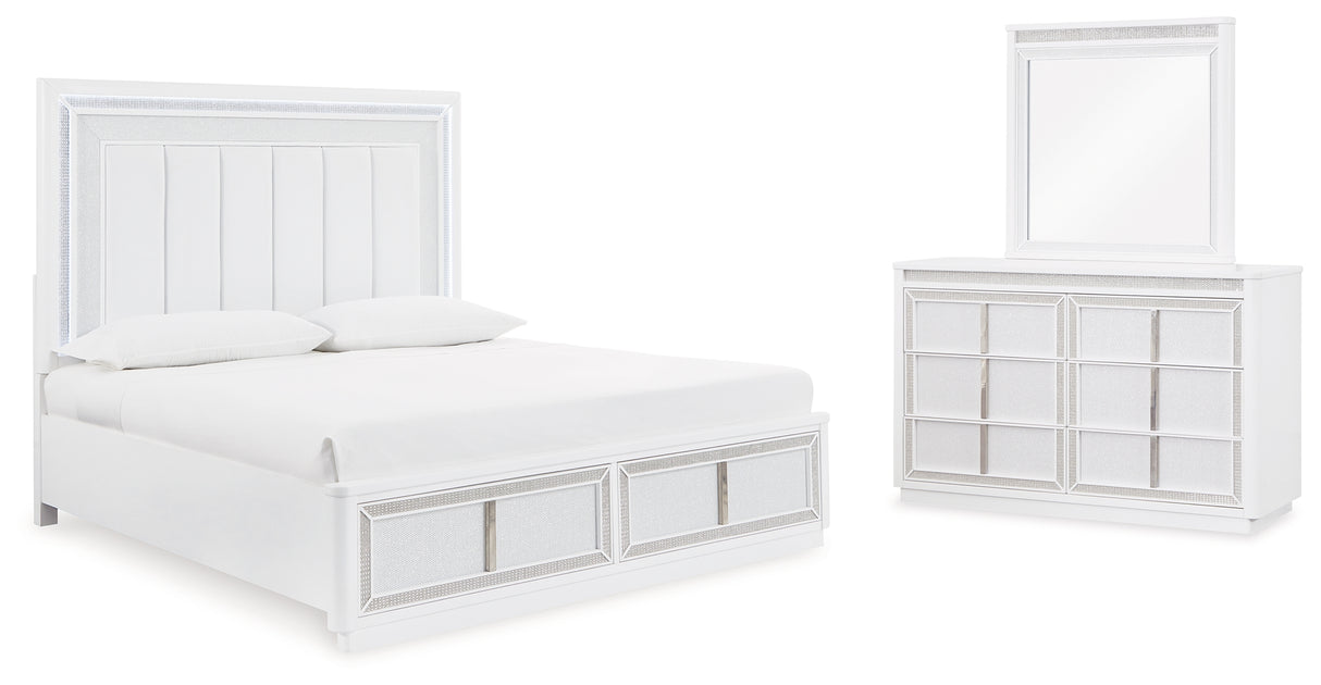 Chalanna White Queen Upholstered Storage Bed with Mirrored Dresser from Ashley Furniture - Luna Furniture