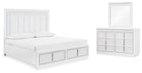 Chalanna White Queen Upholstered Storage Bed with Mirrored Dresser from Ashley Furniture - Luna Furniture