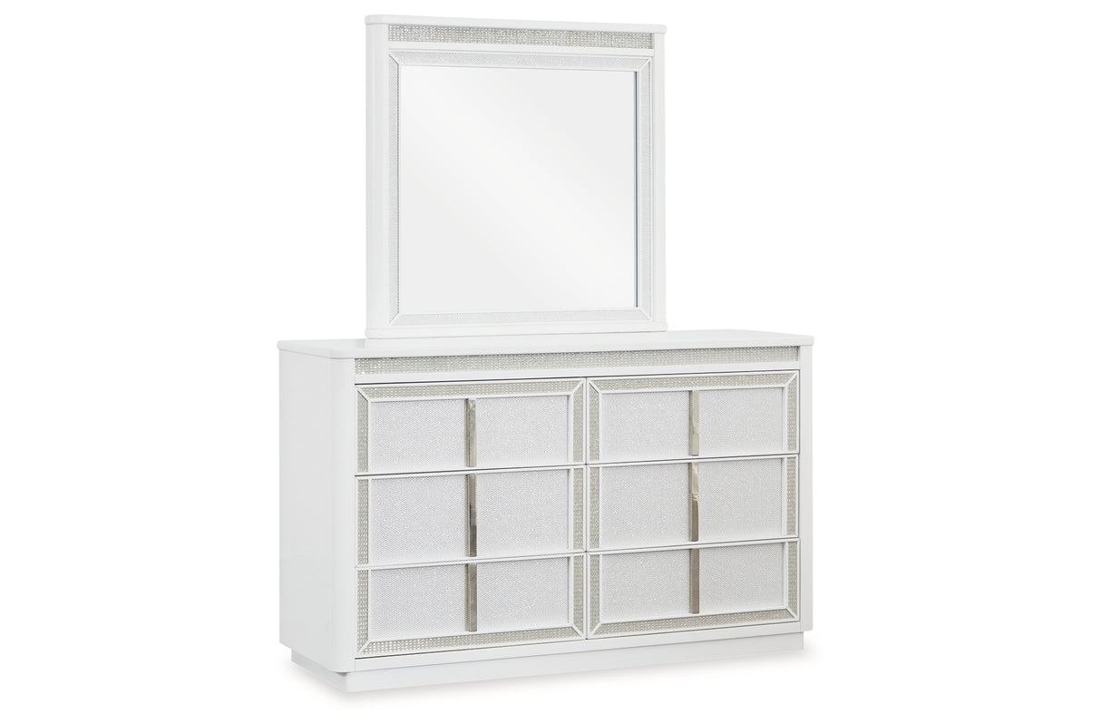 Chalanna King Upholstered Storage Bed with Mirrored Dresser in White from Ashley Furniture - Luna Furniture
