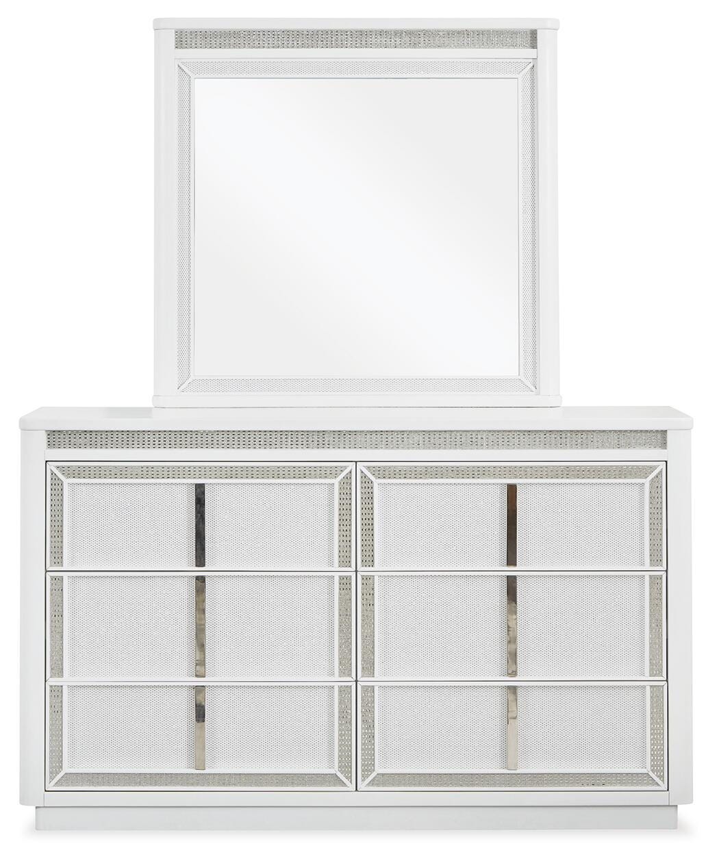 Chalanna White Queen Upholstered Storage Bed with Mirrored Dresser from Ashley Furniture - Luna Furniture