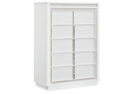 Chalanna Queen Upholstered Storage Bed with Mirrored Dresser, Chest and Nightstand in White from Ashley Furniture - Luna Furniture